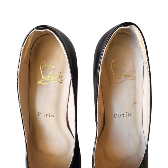 Christian Louboutin - Black Patent Peep-Toe Stiletto Heels Red Soles Sz 38 - Picture 5 of 12